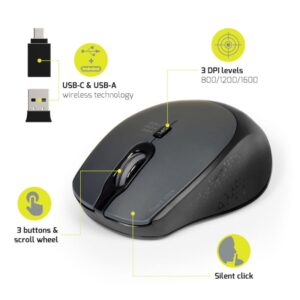 Port Connect Silent 1600DPI 3 Button Wireless Mouse - Black